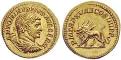 The George W. La Borde Collection of Roman Aurei Part I THE ROMAN EMPIRE Caracalla, 198 – 217 Aureus 216, AV 6.49 g. ANTONINVS PIVS AVG GERM Laureate head r. Rev. P M TR P XVIIII COS IIII P P Lion, ra