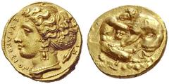 GREEK COINS Syracuse Double decadrachm signed by Kimon circa 400, AV 5.76 g. ΣYPAKOΣIΩN Head of Arethusa l., wearing necklace, bar and triple-pendant earring; hair elaborately waved and caught up behi