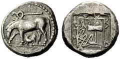 GREEK COINS Thessaly, Larissa Drachm circa 460, AR 5.42 g. Horse grazing l.; between its legs, dog l., head reverted. In field above, caduceus l. Rev. LA - RIS - AI - ON around linear frame within whi