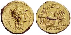 THE ROMAN REPUBLIC L. Cornelius Sulla Imperator with L. Manlius Torquatus Proquaestor. Aureus, mint moving with Sulla 82, AV 10.45 g. [L·]MANLI – PRO Q. Helmeted head of Roma r. Rev. Triumphator, crow