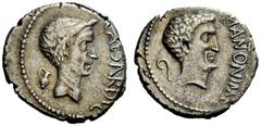 THE ROMAN REPUBLIC Marcus Antonius . Denarius, Gallia Cisalpina 43, AR 3.85 g. M ANTON IMP Bearded head of Mark Antony r.; behind, lituus . Rev. CAESAR DIC Laureate head of Caesar r.; behind, jug. Bab