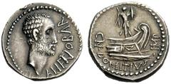 THE ROMAN REPUBLIC Cn. Domitius Ahenobarbus. Denarius, mint moving with Ahenobarbus in 41, AR 4.14 g. AHENOBAR Male head r., slightly bearded. Rev. CN·DOMITIVS·IMP Trophy with two spears and shield st