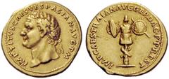THE ROMAN EMPIRE Titus, 79 – 81 Divus Titus. Aureus circa 112-113, AV 7.25 g. IMP TITVS CAES VESPASIAN AVG P M Laureate head l. Rev. IMP CAES TRAIAN AVG GER DAC P P REST Trophy. C –. BMC –. Mattingly,