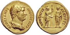 THE ROMAN EMPIRE Hadrian, 117-138 Aureus 134-138, AV 7.32 g. HADRIANVS – AVG COS III P P Bareheaded and draped bust r. Rev. ADVENTVS – AVGVSTI Roma standing r., holding spear and clasping hands with H