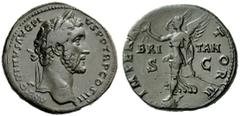 THE ROMAN EMPIRE Antoninus Pius augustus, 138 – 161 Sestertius 143-144, Æ 29.61 g. ANTONINVS AVG PI – VS P P TR P COS III Laureate head r. Rev. IMPERA – T– OR / BRI – TAN / S – C Victory advancing l. 