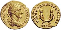 THE ROMAN EMPIRE Antoninus Pius augustus, 138 – 161 Aureus 147-148, AV 7.18 g. ANTONINVS AVG – PIVS P P TR P XII Laureate and draped bust r. Rev. TEMPORVM FELICITAS Two cornuacopiae in saltire, surmou