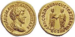 THE ROMAN EMPIRE Marcus Aurelius augustus, 161 – 180 Aureus 161-162, AV 7.26 g. IMP CAES M AVREL ANTONINVS AVG Bareheaded, draped and cuirassed bust r. Rev. CONCORDIAE AVGVSTOR TR P XVI M. Aurelius an