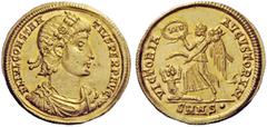 THE ROMAN EMPIRE Constantius II, 337 – 361 Solidus, Nicomedia 340-351, AV 4.50 g. FL CONSTAN – TIVS PERP AVG Pearl and rosette-diademed, draped and cuirassed bust r. Rev. VICTORIA – AVGVSTORVM Victory