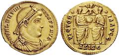 LATE ROMAN COINAGE Valentinian I, 364 – 375 Solidus, Siscia 367-375, AV 4.47 g. D N VALENTINI – ANVS P F AVG Pearl-diademed, draped and cuirassed bust r. Rev. VICTOR – IA AVGG Two emperors seated faci