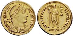 LATE ROMAN COINAGE Valentinian I, 364 – 375 Solidus, Antiochia 364-367, AV 4.45 g. D N VALENTINI – ANVS P F AVG Pearl-diademed, draped and cuirassed bust r. Rev. RESTITVTOR – REIPVBLICAE Emperor stand