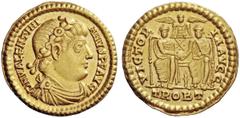 LATE ROMAN COINAGE Valentinian I, 364 – 375 Solidus, Treveri 367-375, AV 4.46 g. D N VALENTINI – ANVS P F AVG Rosette-diademed, draped and cuirassed bust r. Rev. VICTOR – IA AVGG Two emperors seated f