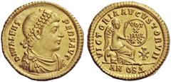 LATE ROMAN COINAGE Valens, 364 – 378 Solidus, Antiochia 367-375, AV 4.46 g. DN VALENS – PERF AVG Pearl-diademed, draped and cuirassed bust r. Rev. VICTORIA AVGVSTORVM Victory seated r. on cuirass with