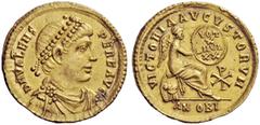 LATE ROMAN COINAGE Valens, 364 – 378 Solidus, Antiochia 367-375, AV 4.48 g. DN VALENS – PERF AVG Pearl-diademed, draped and cuirassed bust r. Rev. VICTORIA AVGVSTORVM Victory seated r. on cuirass with