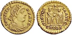 LATE ROMAN COINAGE Valens, 364 – 378 Solidus, Treveri circa 367-375, AV 4.45 g. DN VALENS – P F AVG Rosette-diademed and draped bust r. Rev. VICTOR – IA AVGG Two emperors seated facing holding globe; 