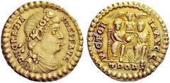 LATE ROMAN COINAGE Gratian, 367 – 383 Solidus, Treveri 375-378, AV 4.46 g. D N GRATIA – NVS P F AVG Rosette-diademed, draped and cuirassed bust r. Rev. VICTOR – IA AVGG Two emperors seated facing hold
