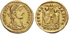 LATE ROMAN COINAGE Gratian, 367 – 383 Solidus, Treveri 378-383, AV 4.46 g. D N GRATIA – NVS P F AVG Pearl-diademed, draped and cuirassed bust r. Rev. VICTOR – IA AVGG Two emperors seated facing holdin