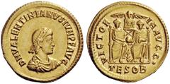 LATE ROMAN COINAGE Valentinian II, 375 – 392 Solidus, Thessalonica 379, AV 4.43 g. D N VALENTINIANVS IVN P F AVG Pearl-diademed, draped and cuirassed small bust r. Rev. VICTOR – IA AVGG• Two emperors 