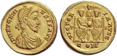 LATE ROMAN COINAGE Eugenius, 392 – 394 Solidus, Treveri 392–394, AV 4.50 g. D N EVGENI – VS P F AVG Pearl-diademed, draped and cuirassed bust r. Rev. VICTOR – IA AVGG Two emperors, nimbate, seated fac