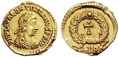 LATE ROMAN COINAGE Valentinian III, 425 – 455 Tremissis 425-455, AV 1.50 g. D N PLA VALENTINIANVS P F AVG Rosette-diademed, draped and cuirassed bust r. Rev. Cross within wreath, XIIX in ties at base;