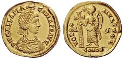 LATE ROMAN COINAGE Galla Placidia, mother of Valentinian III Solidus, Ravenna circa 426-430, AV 4.40 g. D N GALLA PLA – CIDIA P F AVG Pearl-diademed and draped bust r., wearing double necklace and cro