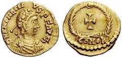 LATE ROMAN COINAGE Anthemius, 467 – 472 Tremissis circa 468, AV 1.39 g. D N ANTHEMI – VS P F AVG Pearl diademed, draped and cuirassed bust r. Rev. Cross within wreath; in exergue, COMOB. C 21. LRC –. 