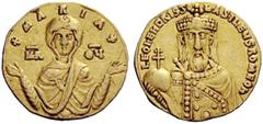 THE BYZANTINE EMPIRE Leo VI the Wise, 29 August 886 – 11 May 912 with colleagues from 879. Solidus 886-908, AV 4.28 g. +MARIA+ Facing bust of the Virgin, orans , wearing tunic and maphorion ; in field
