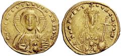 THE BYZANTINE EMPIRE Romanus II, 9 (?) November 959 – 15 March 963, with colleagues from 960 Solidus circa 949–959, AV 4.19 g. +IhS XPS ReX ReGNANTIYM Facing bust of Christ, nimbus with three pellets 