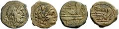 AN INTERESTING COLLECTION OF ROMAN REPUBLICAN COINS FORMED BY AN ENGLISH AMATEUR SCHOLAR Lot of two unofficial imitation dolphin bronzes, after 135 . Semis Æ 7.05g. Laureate head of Saturn r.; behind,