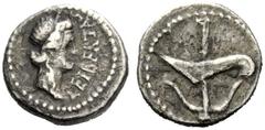 ROMAN REPUBLICAN COINAGE M. I unius Brutus . Quinarius, mint moving with Brutus 43-42, AR 1.81 g. Diademed head of Libertas r.; before, LEIBERTAS. Rev. Prow stem and anchor. Babelon Junia 33. C –, aft