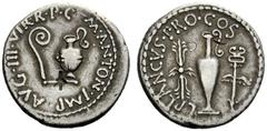 ROMAN REPUBLICAN COINAGE M. Antonius with L. Munatius Plancus . Denarius, mint moving with M. Antonius 40, AR 3.75 g. M ANTON IMP AVG III VIR RPC Lituus and jug. Rev. L PLANCVS PRO COS Thunderbolt, ju