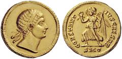 THE ROMAN EMPIRE Constantius II caesar, 324 – 337 Solidus, Ticinum 326, AV 4.37 g. Diademed head r. Rev. Victory advancing l., holding wreath and palm. Depeyrot 19/15. RIC 196. Jameson 372 (this coin)