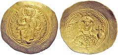 THE BYZANTINE EMPIRE Constantine IX Monomachus, 1042-1055 Histamenon nomisma 1042-1055, AV 4.41 g. Christ, nimbate, enthroned facing. Rev. Bust facing, wearing crown and loros, holding labarum and glo