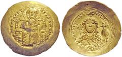 THE BYZANTINE EMPIRE Constantine IX Monomachus, 1042-1055 Histamenon nomisma 1042-1055, AV 4.45 g. Christ, nimbate, enthroned facing. Rev. Bust facing, wearing crown and loros, holding labarum and glo