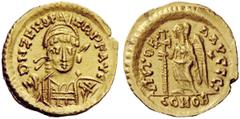 PSEUDO-IMPERIAL COINAGE Odovacar, 476-493 In the name of Zeno, 474-491 . Solidus, Roma 476-493, AV 4.43 g. DN ZENO P – ERP F AVC Pearl-diademed, helmeted and cuirassed bust facing, three-quarters r., 