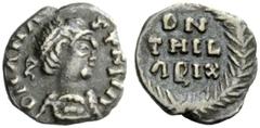 THE OSTROGOTHS Theia, 552-553 Pseudo-Imperial Coinage. In the name of Anastasius, 491-518 . Quarter siliqua, Ticinum 552, AR 0.63 g. DN ANA – STASIII Pearl-diademed, draped and cuirassed bust r. Rev. 