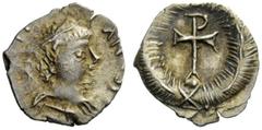 THE LOMBARDS Lombardy Pseudo-Imperial Coinage . In the name of Justinian I, 527-565. Half siliqua or quarter siliqua circa 568-690, AR 0.32 g. (…) – AN (…) Pearl-diademed, draped and cuirassed bust r.