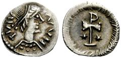 THE LOMBARDS Lombardy Pseudo-Imperial Coinage . In the name of Justinian I, 527-565. Half siliqua or quarter siliqua, Sirmium (?) circa 568-690, AR 0.40 g. TVIV – VVII Pearl-diademed, draped and cuira