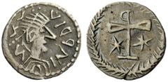 THE LOMBARDS Lombardy Pseudo-Imperial Coinage . In the name of Justinian I, 527-565. Half siliqua or quarter siliqua, circa 568-690, Sirmium (?) AR 0.54 g. Pseudo-legend Pearl-diademed, draped and cui