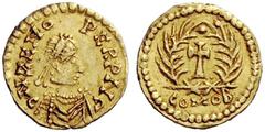 UNATTRIBUTED COINS OF THE GERMAN TRIBES Pseudo-Imperial Coinage. In the name of Zeno, 474-491 . Tremissis, uncertain mint 476-493, AV 1.43 g. CN ZENO – PERP LVC (LV ligate) Pearl-diademed, draped and 