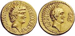 The Roman Republic Imperatorial Issues Marcus Antonius, Lucius Antonius and M. Cocceius Nerva. Aureus, mint moving with Mark Anthony circa 41, AV 8.04 g. M·ANT·IMP·AVG III VIR·R·P·C·M·NERVA PROQ·P Bar
