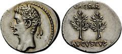 The Roman Empire Octavian, as Augustus 27 BC – 14 AD Denarius, Caesaraugusta (?) circa 19-18 BC, AR 3.86 g. Oak-wreathed head l. Rev. CAESAR / AVGVSTVS Two laurel branches. C 48. BMC 318. RIC 33b. CBN