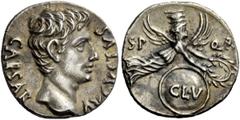 The Roman Empire Octavian, as Augustus 27 BC – 14 AD Denarius, Colonia Patricia circa 19 BC, AR 3.56 g. CAESAR AVGVSTVS Bare head r. Rev. SP – QR Victory flying r. holding wreath above shield inscribe