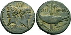 The Roman Empire Octavian, as Augustus 27 BC – 14 AD As, Nemausus circa 10 BC-10 AD, Æ 12.84 g. IMP / DIVI F Heads of Agrippa and Augustus back to back, the former wearing combined rostral crown and l