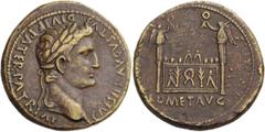 The Roman Empire Octavian, as Augustus 27 BC – 14 AD Sestertius, Lugdunum circa 9-14 AD, Æ 26.01 g. CAESAR AVGVSTVS DIVI F PATER PATRIAE Laureate head r. Rev. Front elevation of altar of Lugdunum deco