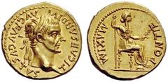 The Roman Empire Tiberius, 14 – 37 Aureus, Lugdunum 14-37, AV 7.81 g. TI CAESAR DIVI – AVG F AVGVSTVS Laureate head r. Rev. PONTIF – MAXIM Pax-Livia figure seated r. on chair with ornamented legs, hol