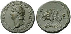The Roman Empire Nero augustus, 54 – 68 Sestertius circa 64, Æ 27.94 g. NERO CLAVDIVS CAESAR AVG GER P M TR P IMP P P Laureate head l. Rev. S – C Nero prancing l. on horseback, holding spear, behind h