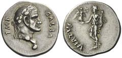 The Roman Empire Galba, 68 – 69 Denarius, Tarraco (?) circa April to late 68, AR 3.62 g. GALBA – IMP Laureate head r. with globe at point of bust. Rev. VIRTVS Virtus standing l., holding Victory and p