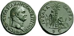 The Roman Empire Vespasian, 69 – 79 Sestertius circa 71, Æ 25.72 g. IMP CAES VESPASIAN AVG P M TR P P P COS III Laureate head r. Rev. IVDAEA CAPTA Jewess seated r. on cuirass under palm tree in attitu