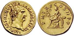 The Roman Empire Trajan, 98 – 117 Aureus 98-99, AV 7.23 g. IMP CAES NERVA TRA – IANI AVG GERM Laureate head r. Rev. P M T – R P COS II P P Roma seated l. on cuirass, holding Victory in r. hand and par