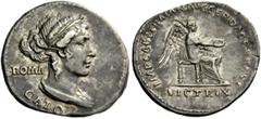 The Roman Empire Restoration coin of Trajan Restored issue of M. Porcius Cato. Denarius circa 112-113, AR 3.10 g. Draped and diademed female bust r.; behind, ROMA and below, CATO. Rev. IMP CAES TRAIAN